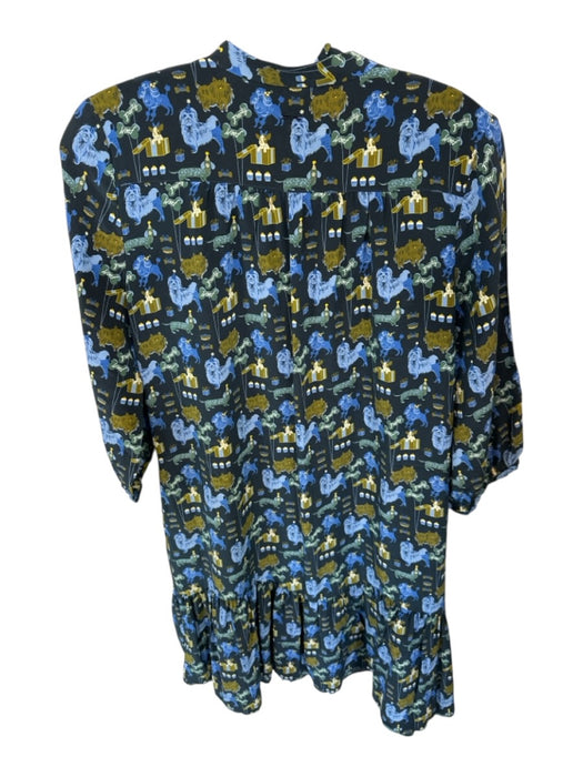 Tyler Boe Size 4 Navy & Green Silk Long Sleeve Dog Drop Waist Sash Dress Navy & Green / 4