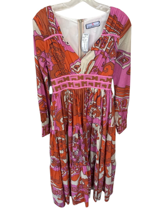 CK Bradley Size XS Orange & Pink Cotton Long Sleeve Kaleidoscope V Neck Dress Orange & Pink / XS