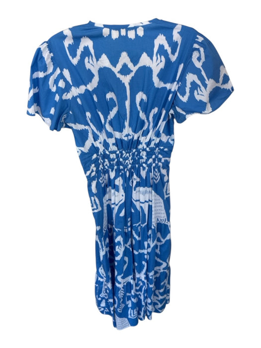 Sheridan French Size XS Sky Blue & White Cotton Short Sleeve Ikat Studded Dress Sky Blue & White / XS