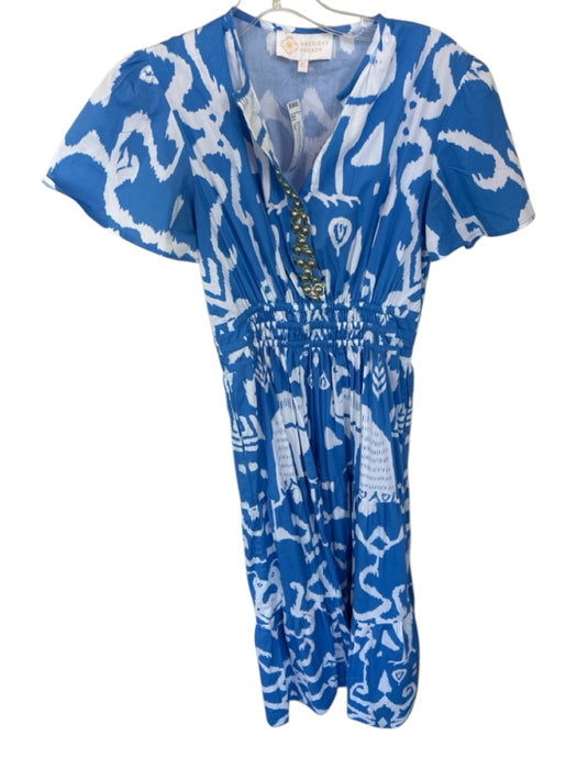 Sheridan French Size XS Sky Blue & White Cotton Short Sleeve Ikat Studded Dress Sky Blue & White / XS