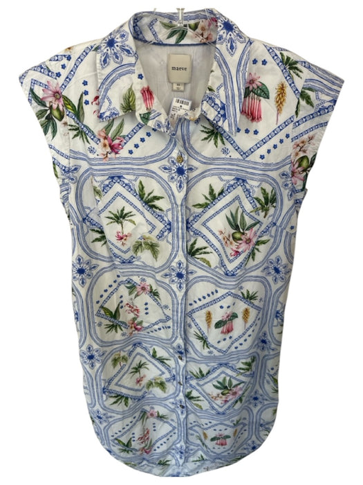 Maeve Size XS Blue & Green Cotton Cap Sleeve Botanical Button Down Dress Blue & Green / XS