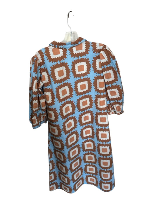 Olivia James Size S Brown & Blue Cotton Long Balloon Sleeve Abstract Dress Brown & Blue / S