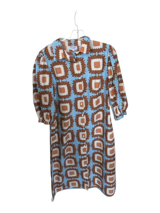 Olivia James Size S Brown & Blue Cotton Long Balloon Sleeve Abstract Dress Brown & Blue / S