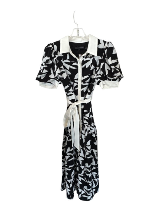 English Factory Size S Cream & Black Polyester Short Balloon Sleeve Belted Dress Cream & Black / S