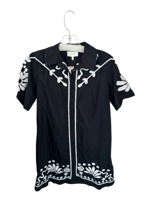 Cleobella Size S Black & White Cotton Short Sleeve Embroidered Button Down Dress Black & White / S