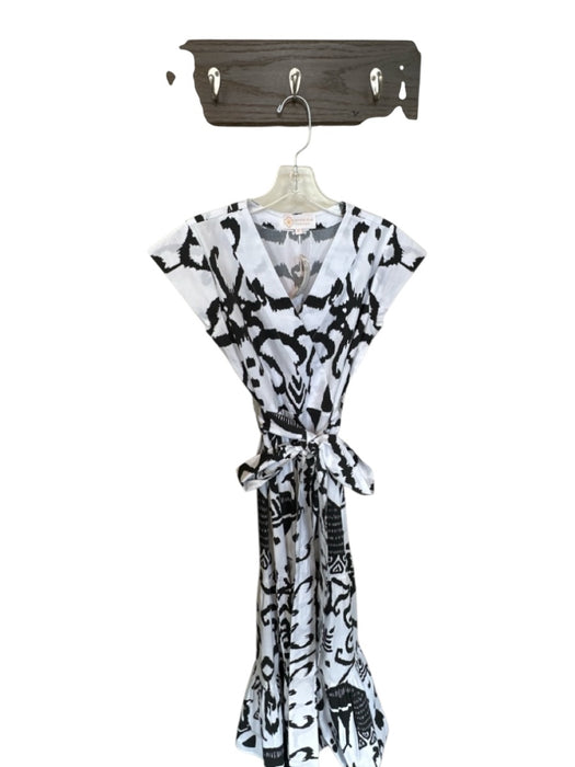 Sheridan French Size XS White & Black Cotton Cap Sleeve Ikat Cross Over Dress White & Black / XS
