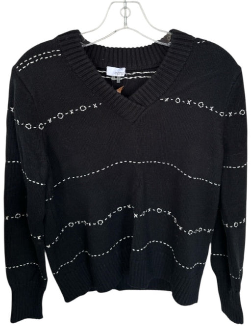 Ecru Size S Black & Tan Cotton Long Sleeve Embroidered V Neck Knit Sweater Black & Tan / S