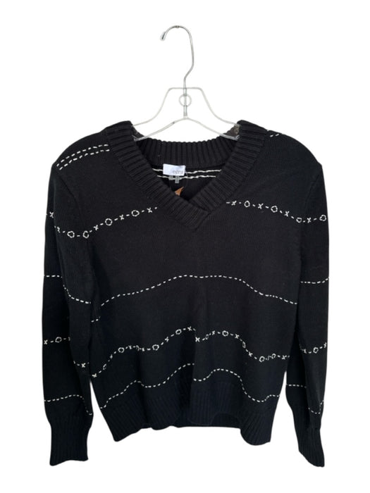 Ecru Size S Black & Tan Cotton Long Sleeve Embroidered V Neck Knit Sweater Black & Tan / S
