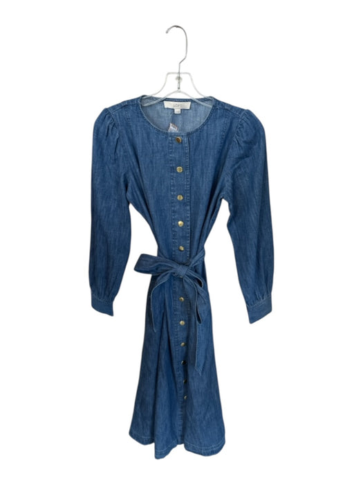 Loft Size S Med Dark Wash Cotton Long Sleeve Snap buttons Belted Maxi Dress Med Dark Wash / S