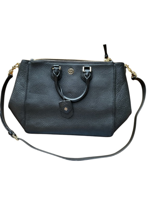 Tory Burch Black & Gold Leather Pebbled Zip Close Top Handles Bag Black & Gold / M