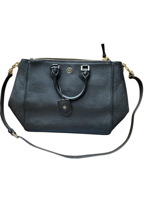 Tory Burch Black & Gold Leather Pebbled Zip Close Top Handles Bag Black & Gold / M