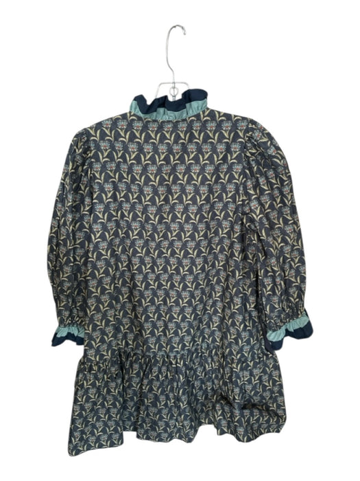 Entro Size S Navy & Green Cotton Long Balloon Sleeve Flowers Ruffle Neck Dress Navy & Green / S