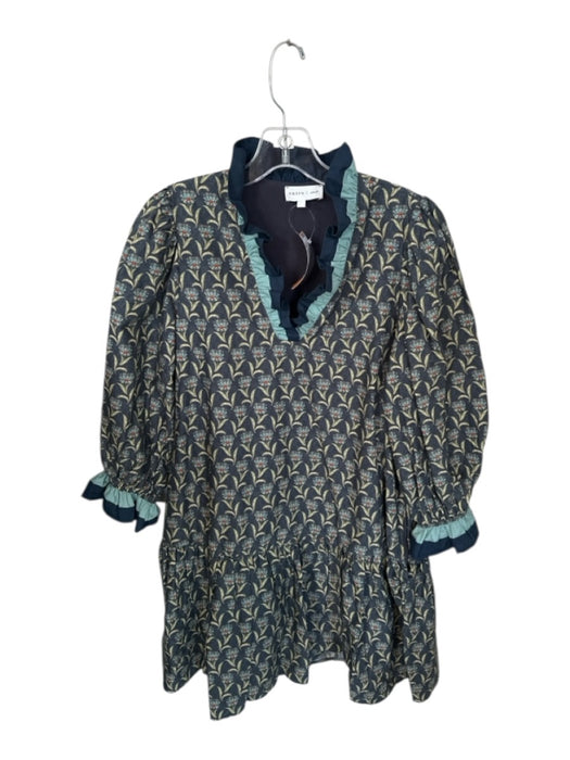Entro Size S Navy & Green Cotton Long Balloon Sleeve Flowers Ruffle Neck Dress Navy & Green / S