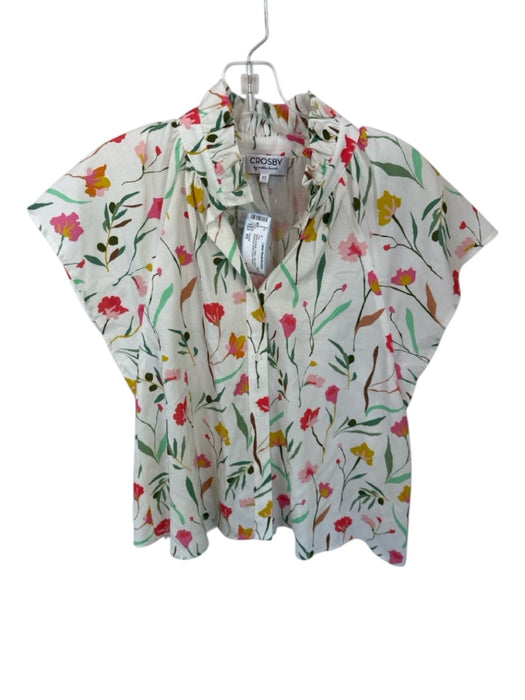 Crosby Size XS White & Multi Cotton Cap Sleeve Botanical Button Down Top White & Multi / XS