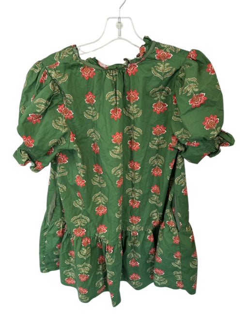 Entro Size S Green & Orange Cotton Short Balloon Sleeve Flowers V Neck Dress Green & Orange / S