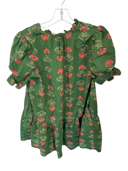 Entro Size S Green & Orange Cotton Short Balloon Sleeve Flowers V Neck Dress Green & Orange / S