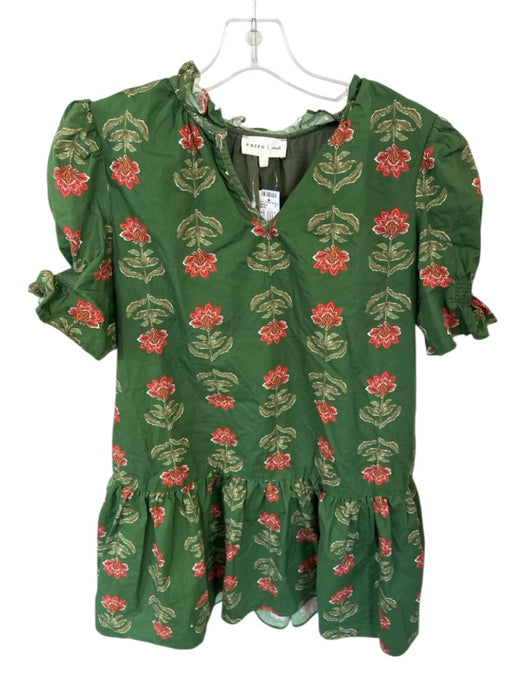Entro Size S Green & Orange Cotton Short Balloon Sleeve Flowers V Neck Dress Green & Orange / S