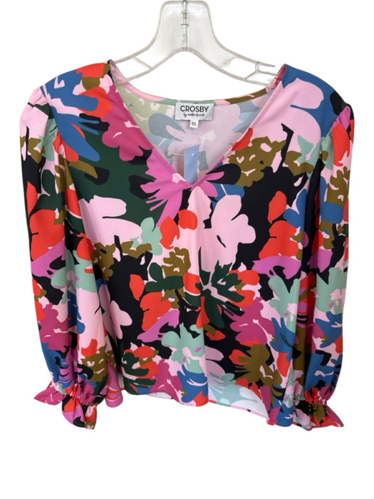Crosby Size XS Multi Polyester Long Balloon Sleeve Flowers V Neck Top Multi / XS