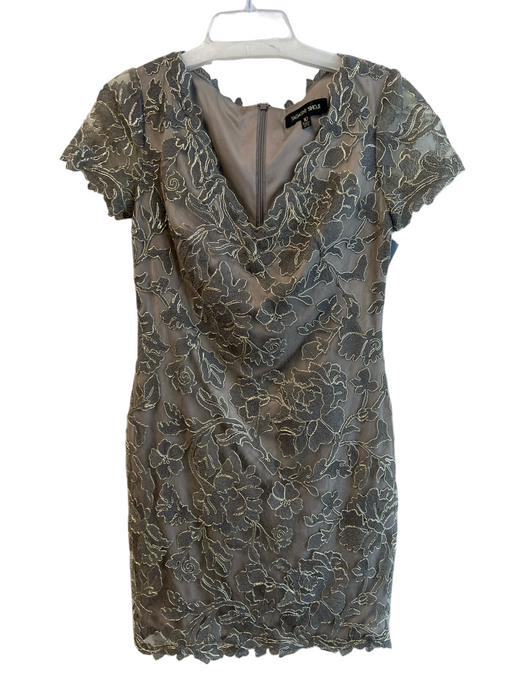 Tadashi Shoji Size 10 Gray & Gold Polyester Short Sleeve V Neck Back Zip Dress Gray & Gold / 10