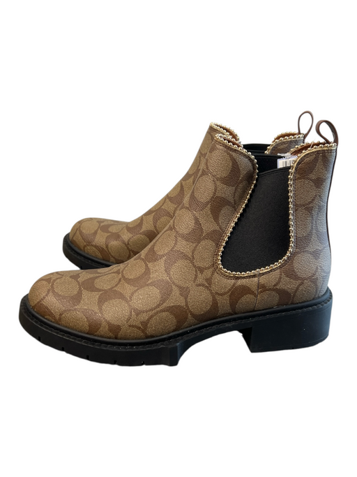 Coach Shoe Size 8.5 Brown Canvas Rubber Lug Sole Beaded Trim Pull On Ankle Boots Brown / 8.5