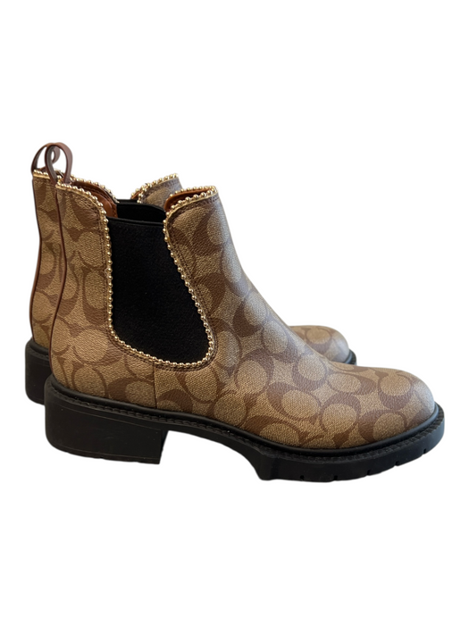 Coach Shoe Size 8.5 Brown Canvas Rubber Lug Sole Beaded Trim Pull On Ankle Boots Brown / 8.5