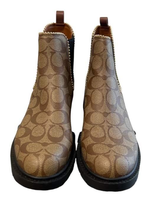 Coach Shoe Size 8.5 Brown Canvas Rubber Lug Sole Beaded Trim Pull On Ankle Boots Brown / 8.5