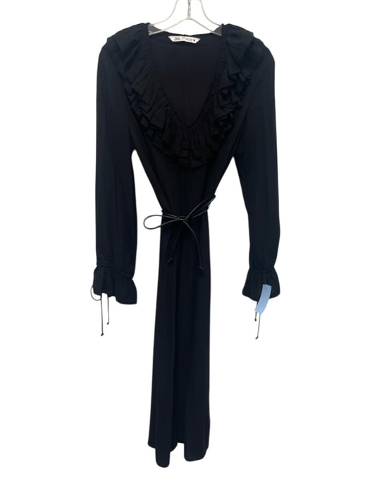 Zara Size XS Black Viscose & Polyamide Ruffle V Neck Dress Black / XS