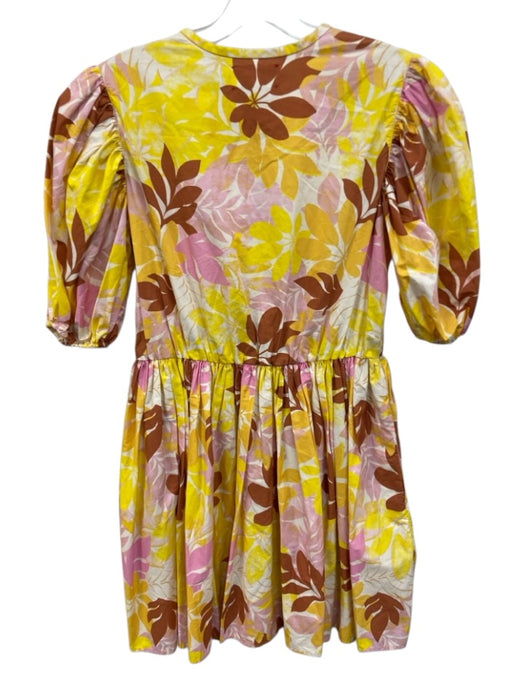 XiRENA Size XS Yellow, Pink & Brown Cotton Botanical Print 1/2 Puff Sleeve Dress Yellow, Pink & Brown / XS