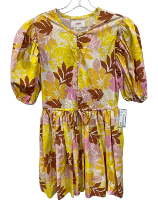 XiRENA Size XS Yellow, Pink & Brown Cotton Botanical Print 1/2 Puff Sleeve Dress Yellow, Pink & Brown / XS