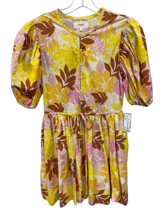 XiRENA Size XS Yellow, Pink & Brown Cotton Botanical Print 1/2 Puff Sleeve Dress Yellow, Pink & Brown / XS