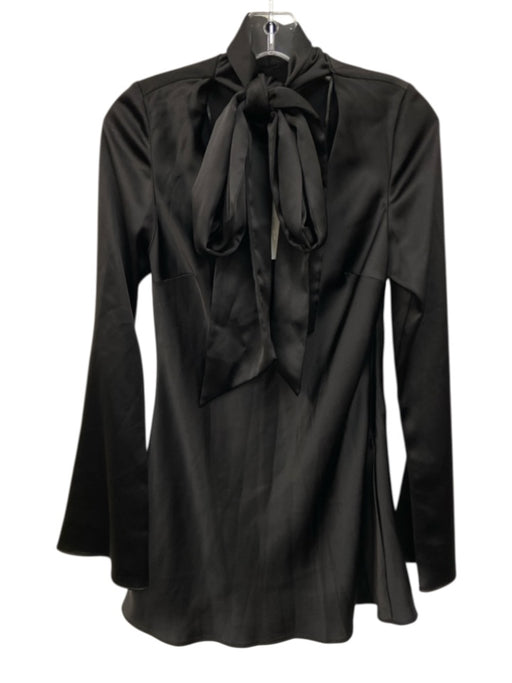 Zara Size S Black Polyester Satin Long Flare Sleeve Tie V Neck Pussybow Dress Black / S