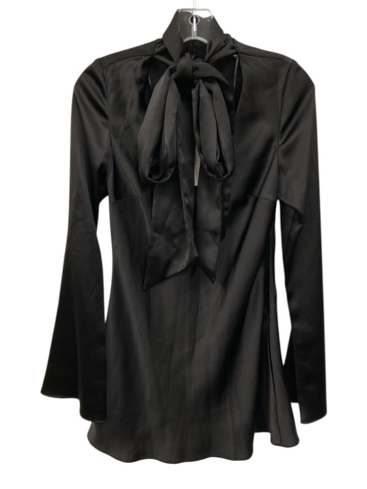 Zara Size S Black Polyester Satin Long Flare Sleeve Tie V Neck Pussybow Dress Black / S