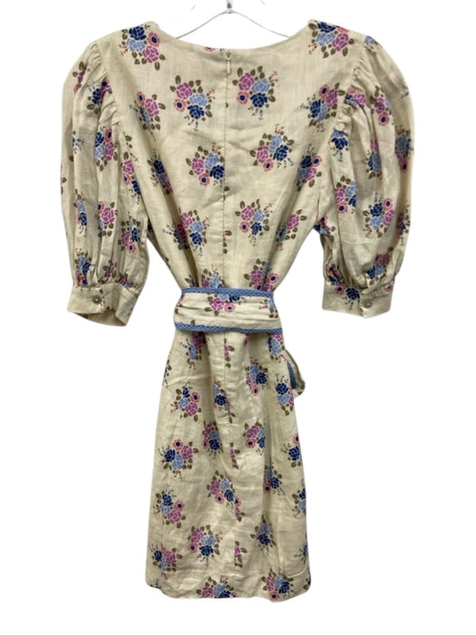 Paloma Blue Size XS Cream Beige & Multi Linen Floral 1/2 Puff Sleeve Dress Cream Beige & Multi / XS