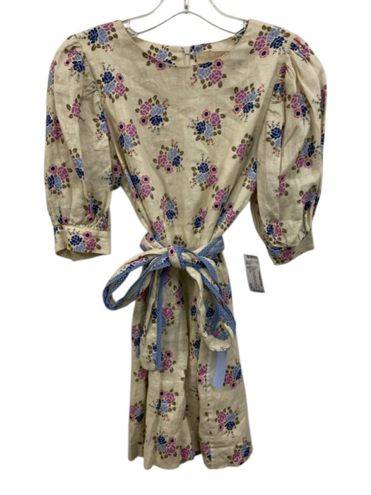 Paloma Blue Size XS Cream Beige & Multi Linen Floral 1/2 Puff Sleeve Dress Cream Beige & Multi / XS