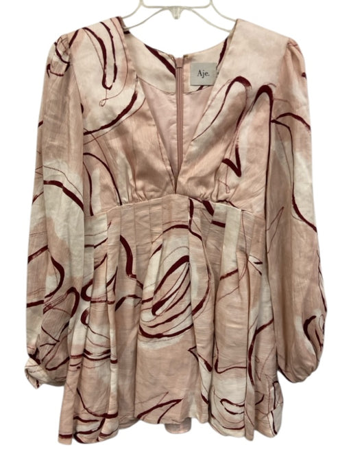 Aje. Size 8 Pink, White, Purple Linen & Viscose Long Sleeve Split Neck Dress Pink, White, Purple / 8