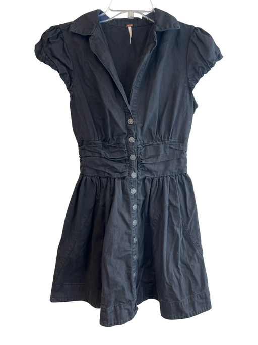 Free People Size S Black Cotton Collared Button Up Cap Sleeve Gathered Dress Black / S