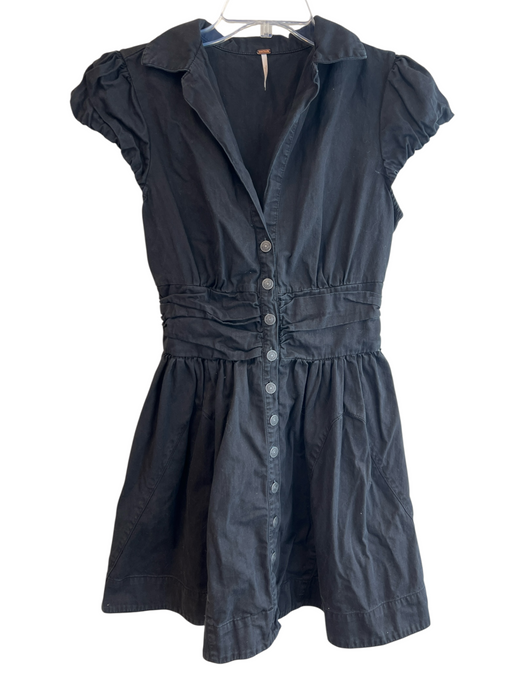 Free People Size S Black Cotton Collared Button Up Cap Sleeve Gathered Dress Black / S