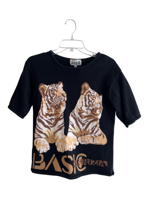 Krizia Size L Black No Fabric Tag Round Neck Short Sleeve Tiger Knit Sweater Black / L