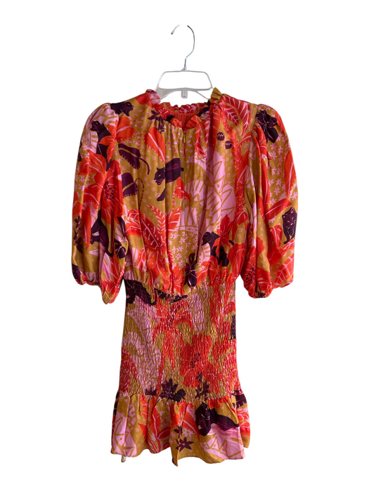 Farm Rio Size S Orange & Multi Viscose Round Neck 1/2 Puff Sleeve Tropical Dress Orange & Multi / S
