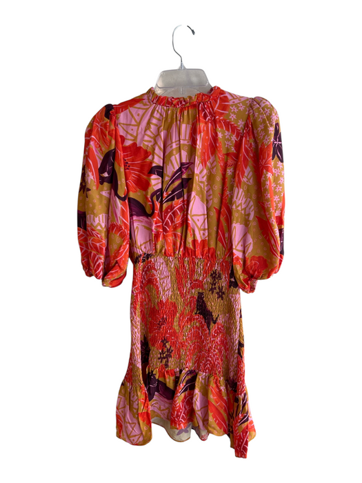 Farm Rio Size S Orange & Multi Viscose Round Neck 1/2 Puff Sleeve Tropical Dress Orange & Multi / S