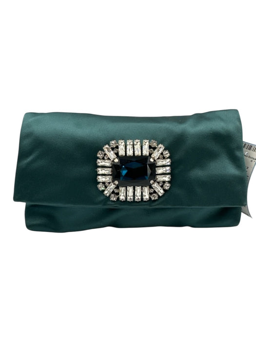 Jimmy Choo Teal Green Satin Rhinestone Emerald Cut Fold Over Clutch Bag Teal Green / Small