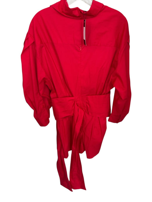 Athina Size M Red Cotton Long Balloon Sleeve Wide Belt Collar Button Down Romper Red / M