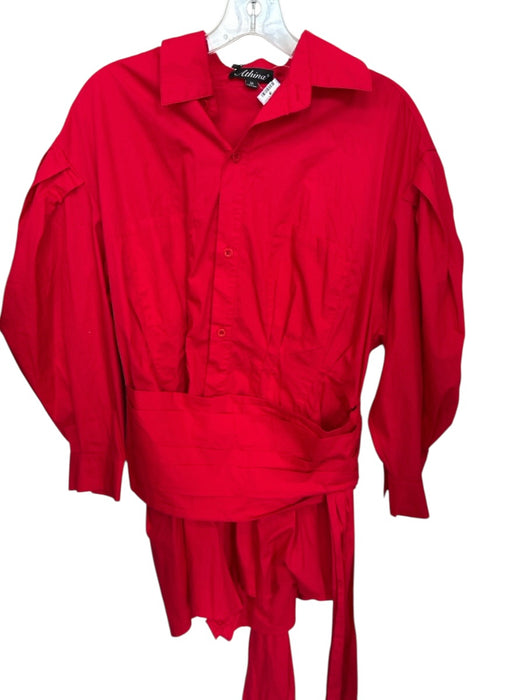 Athina Size M Red Cotton Long Balloon Sleeve Wide Belt Collar Button Down Romper Red / M