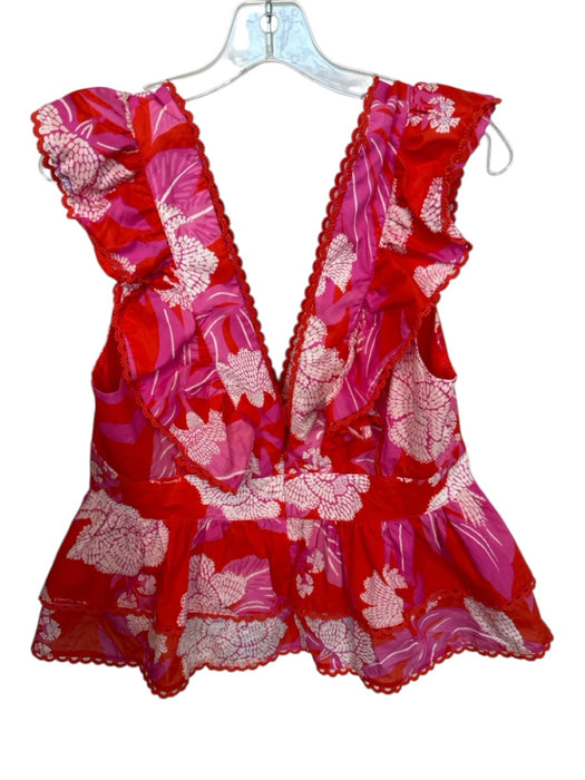 Farm Rio Size L Orange & Pink Cotton Flutter Sleeves Lace Trim V Neck Top Orange & Pink / L