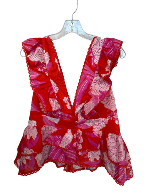 Farm Rio Size L Orange & Pink Cotton Flutter Sleeves Lace Trim V Neck Top Orange & Pink / L