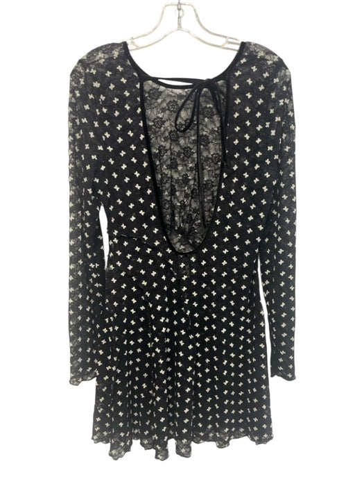 Free People Size M Black & White Nylon Long Sleeve Butterflies Lace Mini Dress Black & White / M