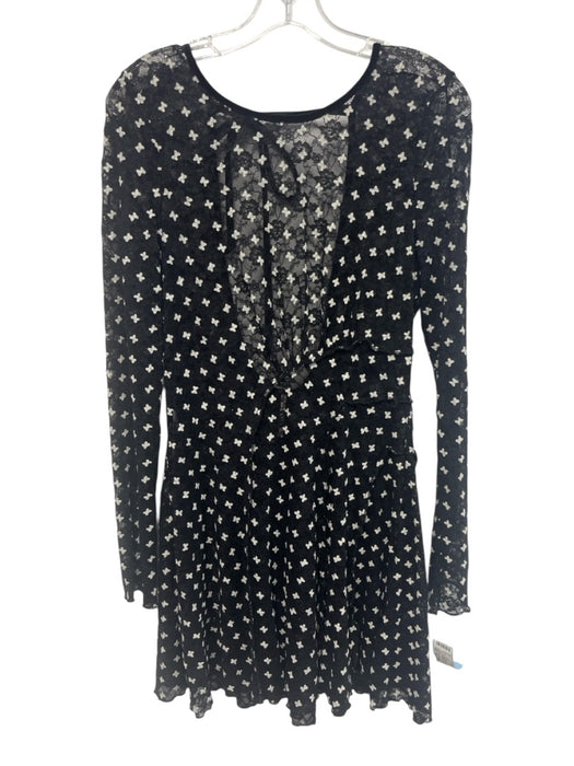 Free People Size M Black & White Nylon Long Sleeve Butterflies Lace Mini Dress Black & White / M