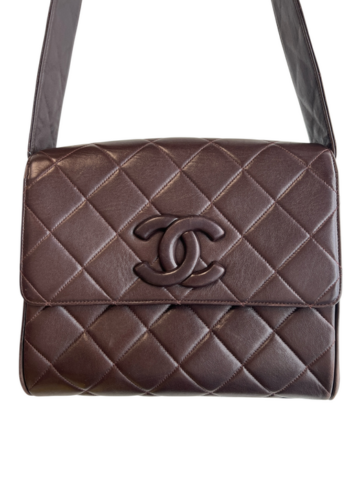 Chanel Brown Leather Quilted Solid Interlocking C Logo Shoulder Top Brown