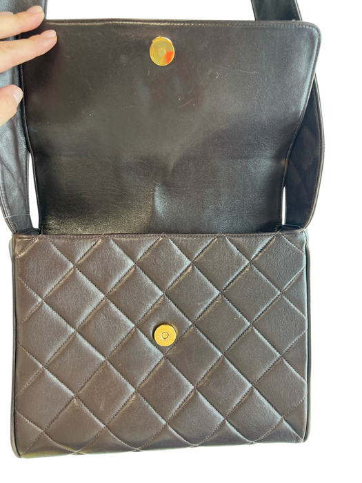 Chanel Brown Leather Quilted Solid Interlocking C Logo Shoulder Top Brown