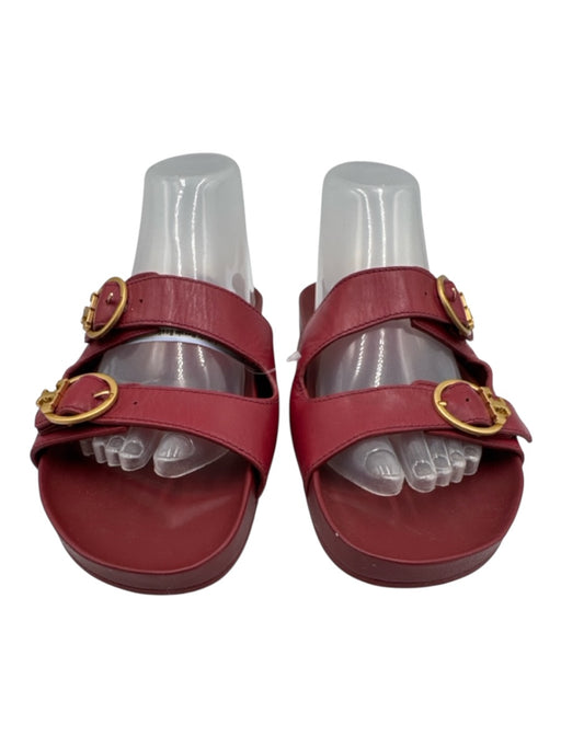 Tory Burch Shoe Size 9.5 Red & Gold Leather Logo 2 Strap Slides Sandals Red & Gold / 9.5